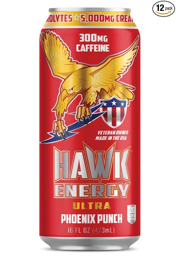 HAWK ENERGY ULTRA - Premium Sugar Free Energy Drink - 12 Pack - PHOENIX PUNCH - Focus and Power - 5000mg Creatine 300mg Caffeine BCAA's B6/B12 Taurine and L-Carnitine 100% Veteran Owned and Made