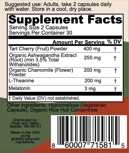 Peak + Valley Natural Sleep Aid for Adults - 60 Capsules for Deep Sleep - 3 mg Melatonin L Theanine Chamomile Ashwagandha - Natural Herbal Sleeping Pills - Extra Strength Calming Sleep Aid