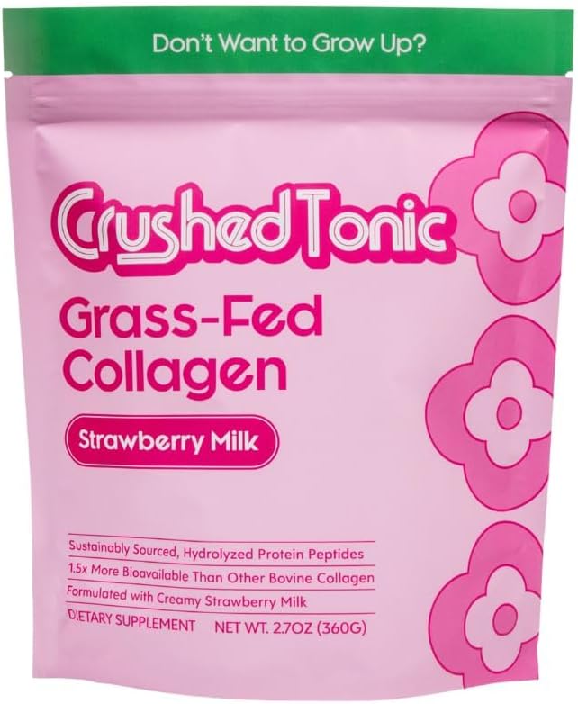 Crushed Tonic Marine Collagen Powder Korean Beauty Drink with Hydrolyzed Collagen Peptides for Skin Hair &amp Nails | Gluten-Free Halal &amp Kosher (Strawberry Milk 30 Servings (150 g) Pouch)