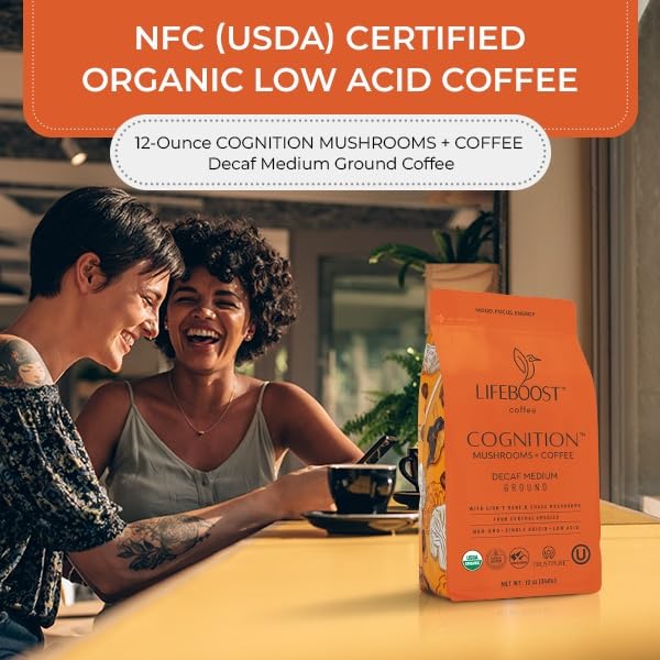 Lifeboost Cognition Decaf Mushroom Coffee - Low Acid Decaf Medium Organic Coffee with Lions Mane &amp Chaga Mushrooms - Increase Energy Boost Focus &amp Immune Support - 12 oz Bag - Ground