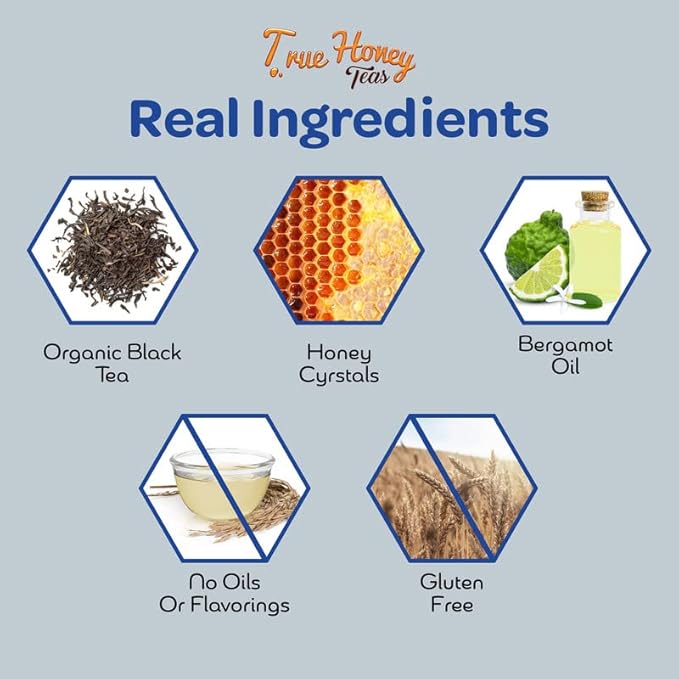 True Honey Decaf Earl Grey Tea Bags - Honey Crystals Blended in Every Sachet - Natural Organic Herbal Caffeine Free Tea Bag 24 Count