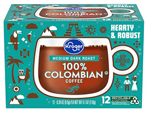 Kroger Medium Dark Roast ‘Hearty and Robust’ 100% Colombian Coffee K-Cups 12-Count Recyclable Pods One 4.1 oz (118g) Small Box 1 Pack