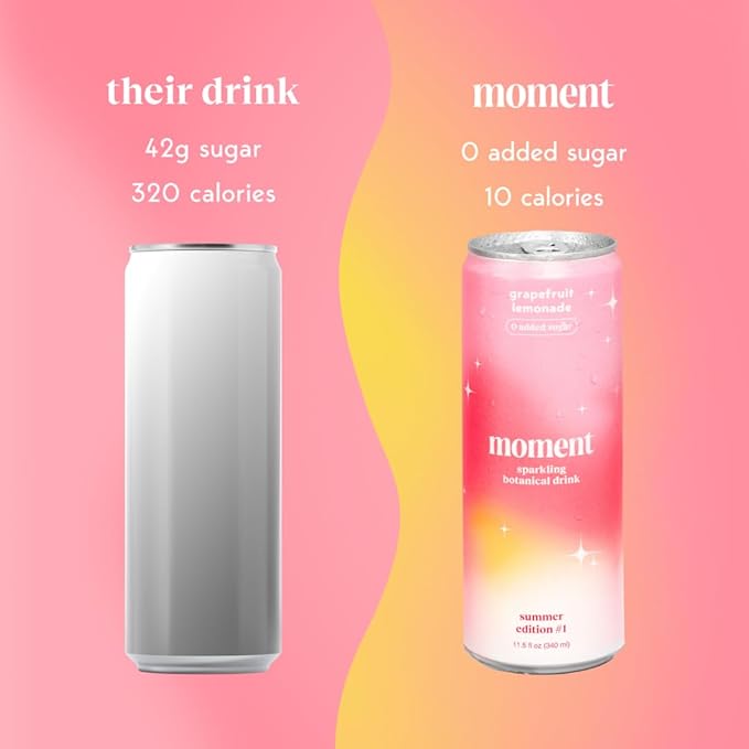 Moment Botanical Soda Soft Drink (Shark Tank) - SPARKLING Non Alcoholic Drinks | Grapefruit Lemonade | L-Theanine &amp Ashwagandha for Calm &amp Clarity | 0 Added Sugar 0 Caffeine | 12-pack