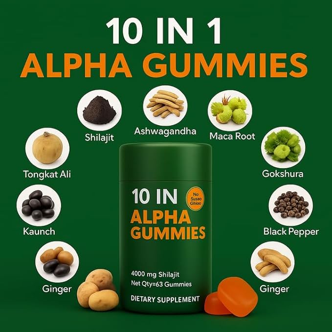 Alpha Gummies 10 in 1 for Men | 4000mg Himalayan Alpha Shilajit Gummies for Energy &amp Immune | 75% Fulvic Acid 85+ Trace Minerals Ashwagandha Gokshura | No Added Sugar Non-GMO 60 Count (1)