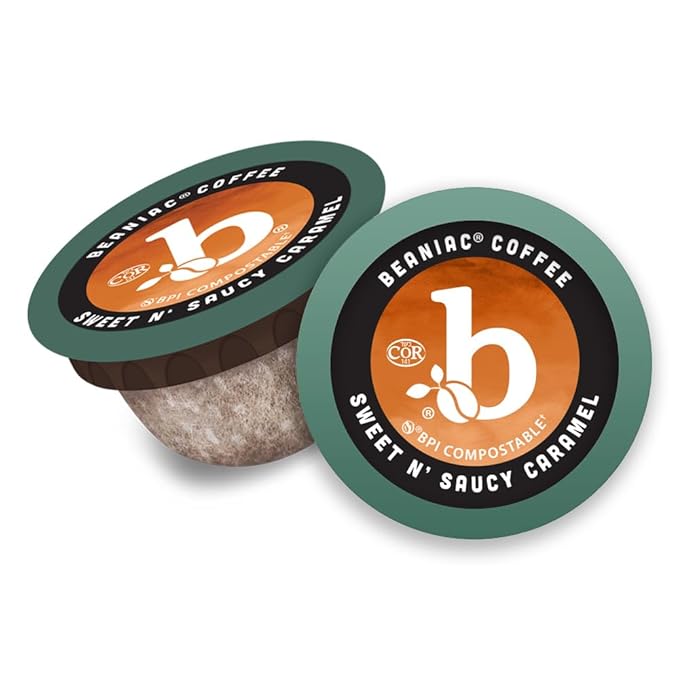 beaniac Sweet n' Saucy Caramel Flavored Light Roast Single Serve Compostable K Cup Coffee Pods Organic Arabica Coffee with Natural Flavors Keurig Brewer Compatible 30 Count