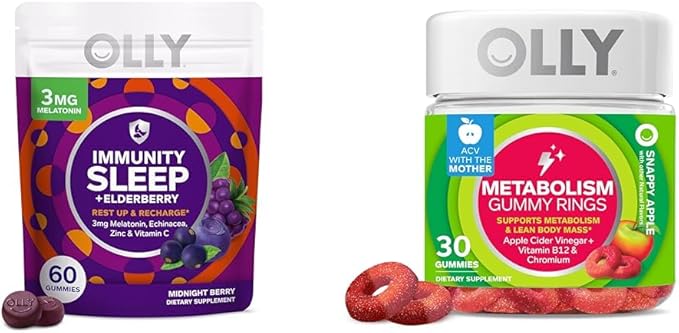 OLLY Immunity Sleep Gummy 60 Count &amp Metabolism Gummy Rings 30 Count Bundle