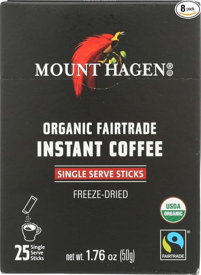 Mount Hagen Organic Instant Regular Coffee in Single Serve Sticks Fairtrade Freeze Dried 1.76 Ounce (Pack of 8)