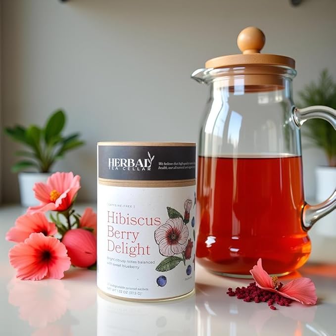 Herbal Tea Cellar Hibiscus Berry Delight – Premium Full-Leaf Organic Hibiscus &amp Blueberry Herbal Tea | Bright Fruity &amp Rich in Antioxidants | Caffeine-Free Refreshing Hydration Tea Hot or Ic