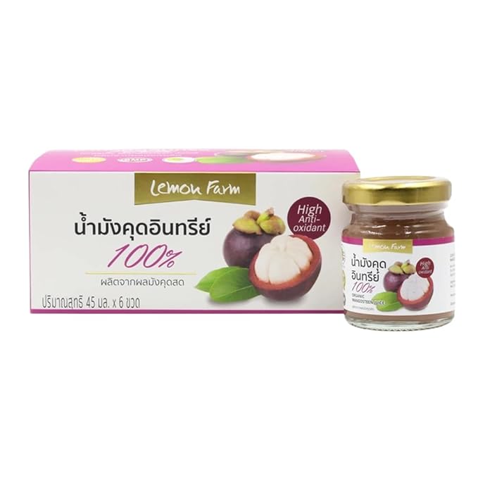 เลม่อน Lemon Farm Organic Mangosteen Juice 100% Pure No Sugar Added Cold-Pressed Antioxidant-Rich Drink 45ml Bottles (6-Pack)