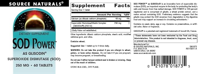 Source Naturals SOD Power As Glisodin Superoxide Dismutase Nutricosmetic Supplement 250mg - 60 Tablets
