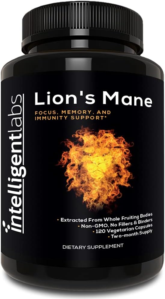 Intelligent Labs Lion’s Mane Mushroom Capsules Extracted from The Fruiting Bodies of Hericium Erinaceus Minimum 25% Beta Glucans No Grain Fillers 2-Month Supply