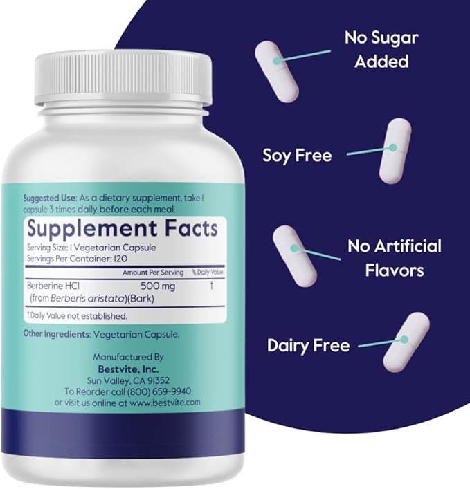BESTVITE Berberine 500mg (240 Vegetarian Capsules) (2-Pack) - No Fillers - No Stearates - No Flow Agents - Vegan - Gluten Free - Non GMO