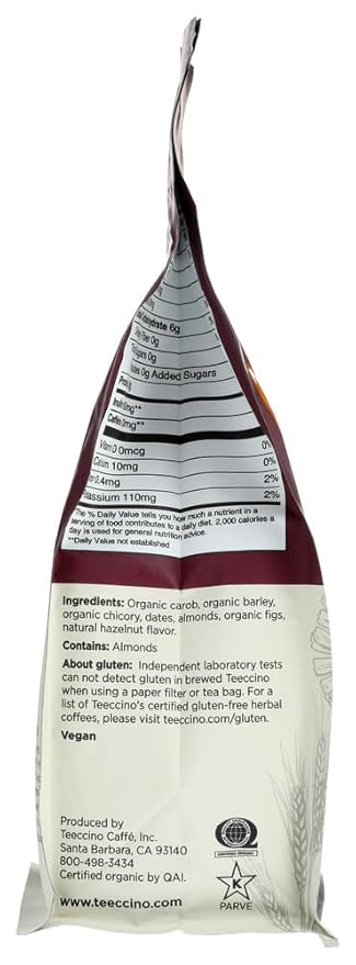 2 Packs of Teeccino Mediterranean Herbal Coffee - Hazelnut - Medium Roast - Caffeine Free - 11 Oz