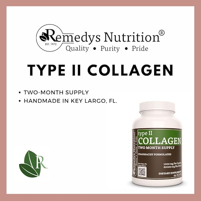 Remedy's nutrition Collagen Type 2 | 1000 mg 60 Vegan Capsules Dietary Supplement | Two Month Supply