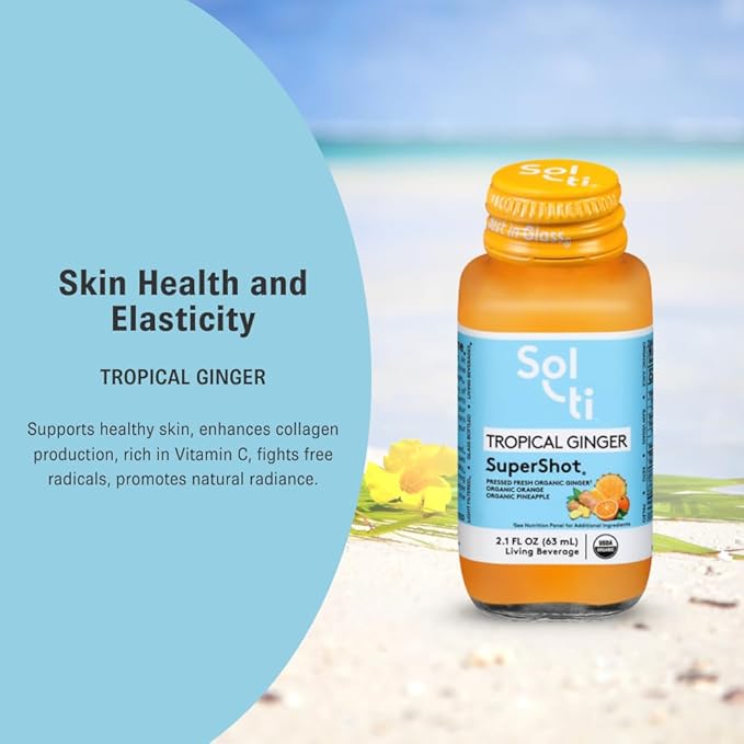 Sol-ti Organic Tropical Ginger SuperShot Drink Aids in Collagen Production and Promotes Skin Elasticity SuperFood Cold-Pressed Fruit Juice Blend 12 Pack (2.1 Fl oz)
