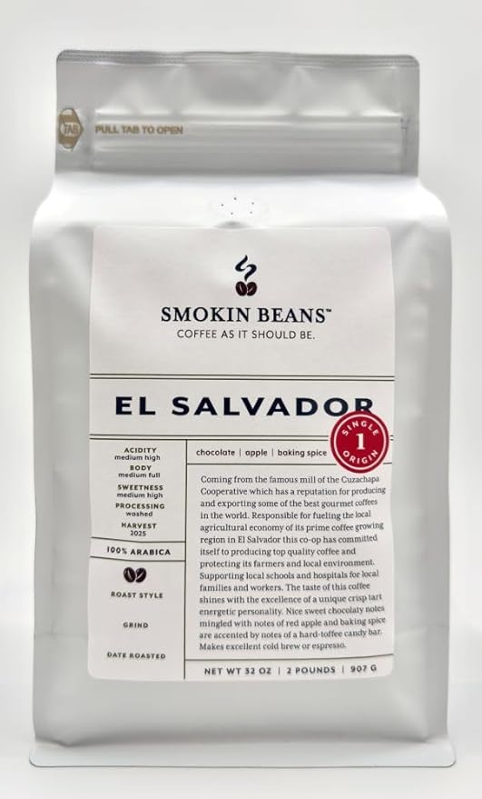 Smokin Beans 2-Pound El Salvador Coffee Washed Processing Medium Roast Premium Whole Bean Specialty Coffee