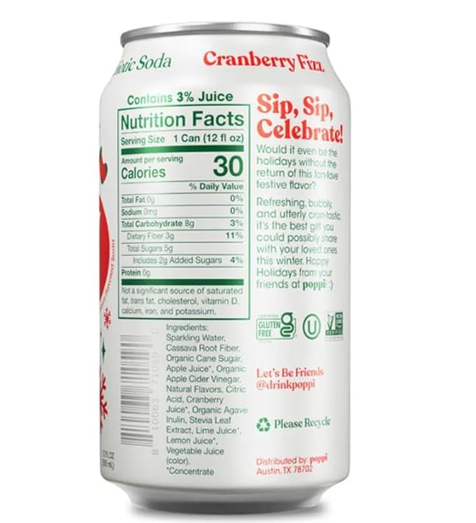 Prebiotic Soda Cranberry Fizz 12 fl oz Cans 12 Pack – Refreshing Sparkling Drink with Prebiotics Low Sugar &amp Low Calorie Clean Ingredients Gut-Friendly Beverage