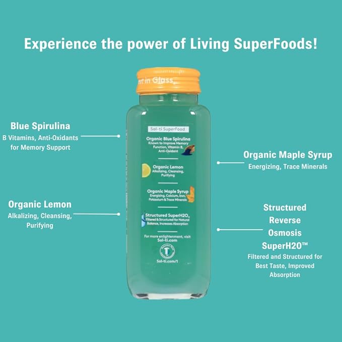 Organic SuperAde Hydration Drink Boosts Memory SuperFood Lemonade by Sol-ti Cold-Pressed Blue Spirulina and Lemon Juice Blend 16 Pack (14.9 Fl oz)