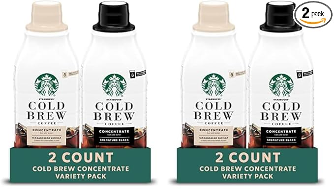 Starbucks Cold Brew Coffee Concentrate Signature Black and Naturally Flavored Madagascar Vanilla Multi-Serve 2 Bottles (32 Fl Oz Each) (Pack of 2)