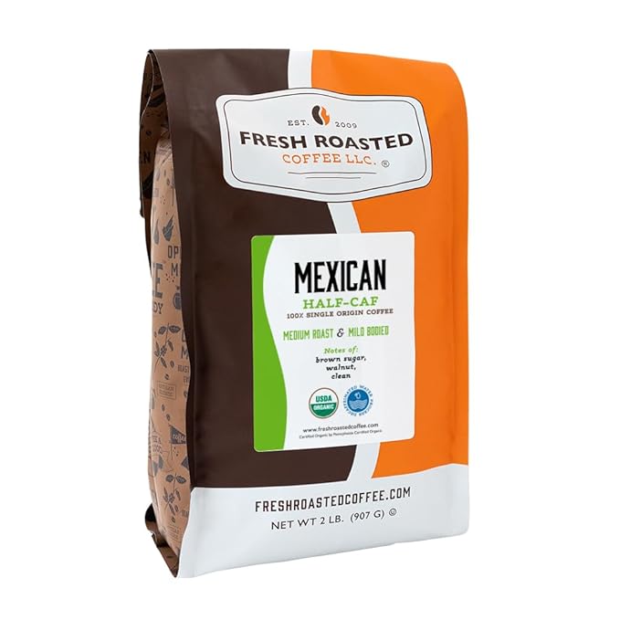 Fresh Roasted Coffee Organic Mexican Water-Processed Half-Caf | USDA Organic Kosher | Medium Roast 2 lb (32 oz) Ground