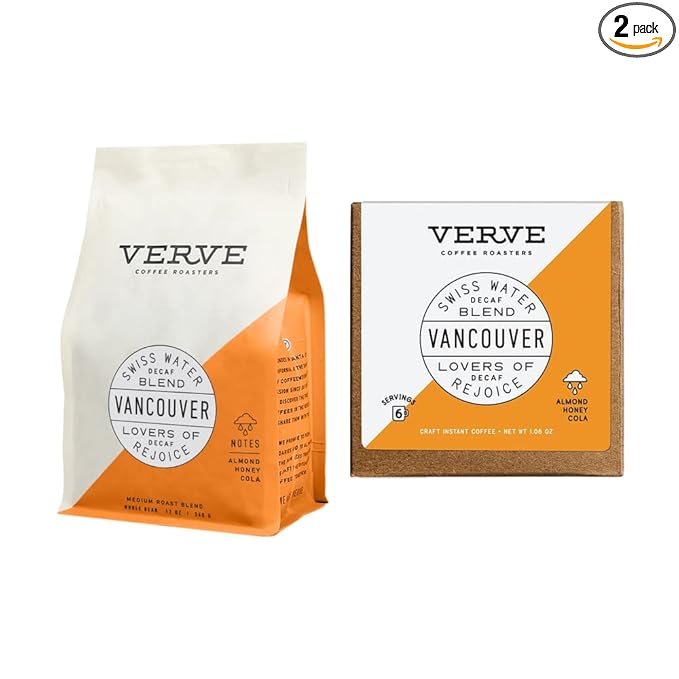 Verve Coffee Roasters Coffee Vancouver Swiss Water Decaf Whole Bean &amp Instant Coffee Bundle | Medium Roast Espresso | No Caffeine Direct Trade Resealable Pouch | Enjoy Hot or Cold Brew
