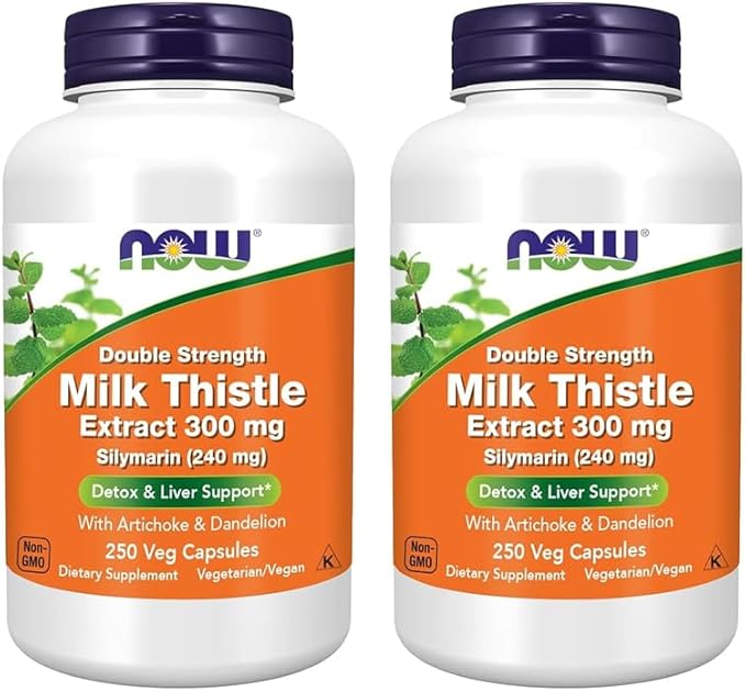 NOW Foods Supplements Silymarin Milk Thistle Extract 300 mg with Artichoke and Dandelion Double Strength Supports Liver Function* 250 Veg Capsules (Pack of 2)
