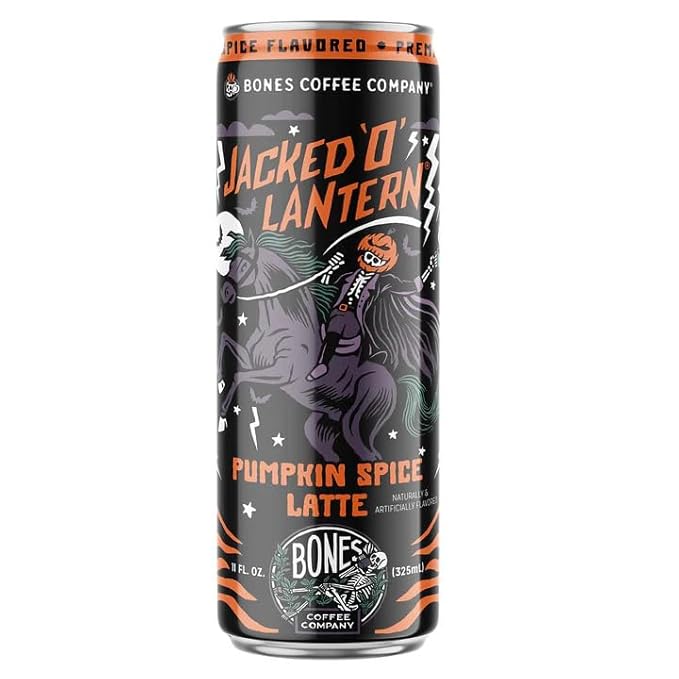 Bones Coffee Company Jacked O' Lantern Latte Pumpkin Spice Flavored Coffee Medium Roast Ready To Drink Iced Coffee in Can 11 Fl Oz Can (12 Pack)
