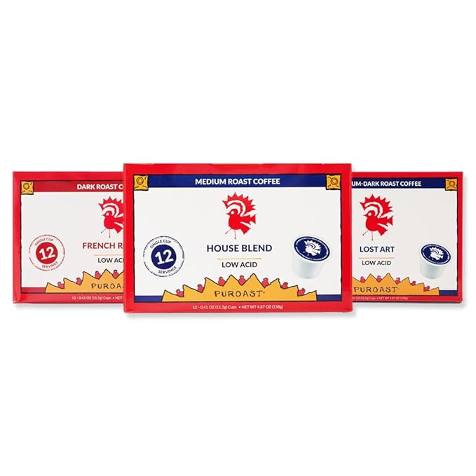 Puroast Low Acid Coffee Pods – House Blend Medium Roast French Roast Dark Roast &amp Lost Art Medium Roast – Single Serve Pods – Keurig Compatible – High Antioxidants – GERD Friendly – 3 Pack 12 Ct