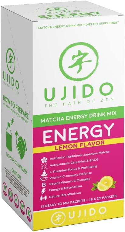 Ujido Matcha Energy Packets Lemon Flavor Sugar-Free Monkfruit Non-GMO Antioxidant Keto &amp Vegan 2g x 15 Count