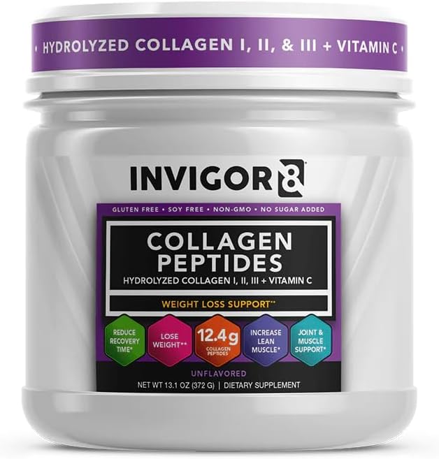 INVIGOR8 Collagen Peptides Powder Hydrolyzed + Vitamin C Hydrolyzed Type I II &amp III + Vitamin C Unflavored Non-GMO Grass-Fed Supplement Supports Joints Skin Hair Nails and Anti-Aging (12.4g)