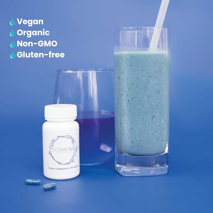 Organic Pure Blue Spirulina Capsules | Natural Superfood | Prebiotic Phycocyanin Supplement | Healty Skin Oral Health &amp Wound Recovery | 30 Serving Bottle