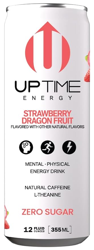 UPTIME Energy Drink Strawberry Dragon Fruit Sparkling 12 Pack L Theanine Calcium Zero Sugar Energy Drinks for Focus Support 142mg Natural Caffeine 0 Calories Natural 12 fl oz Cans