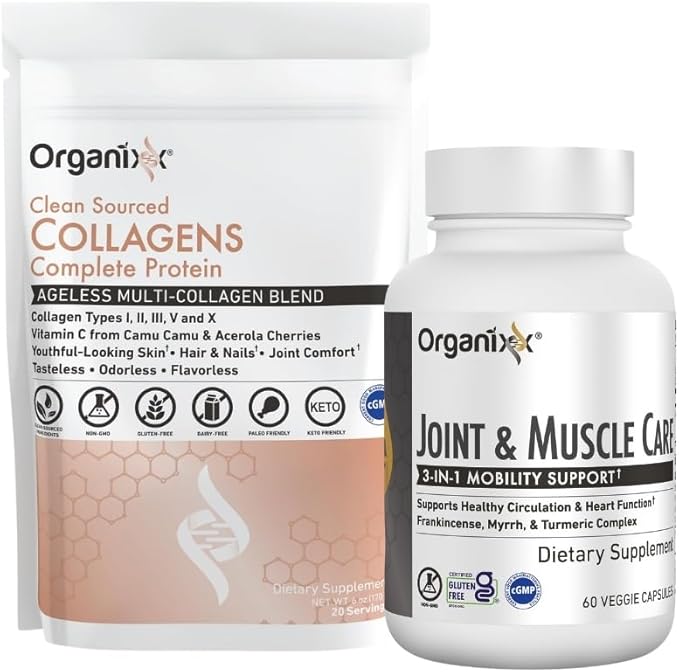 Organixx Clean Sourced Collagens (30 Serv) &amp Joint &amp Muscle Care (60 Caps) Bundle Collagen Protein plus Organic Turmeric Frankincense &amp Myrrh Supports Joint Skin Hair &amp Immune Hea