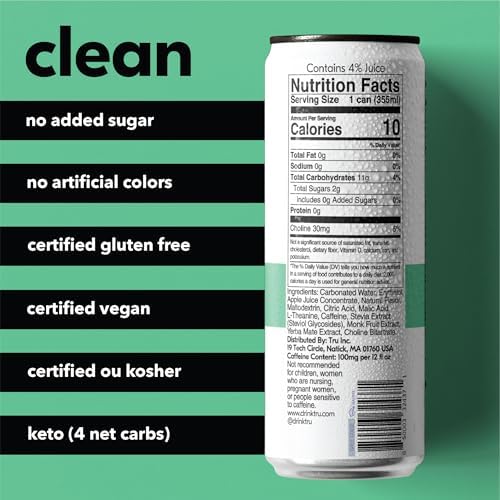 Tru Focus Seltzer Sparkling Water with Green Tea Extract Yerba Mate L Theanine &amp Real Apple Kiwi Juice Sweetened with Monk Fruit &amp Stevia Gluten Free Vegan Sugar Free 12 FL OZ Cans 12