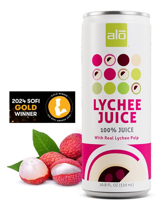 ALO Slim Can Juice Lychee with Real Fruit Pulp| 10.82 fl oz Pack of 12 | Plant-Based Beverage 100% Natural Juice