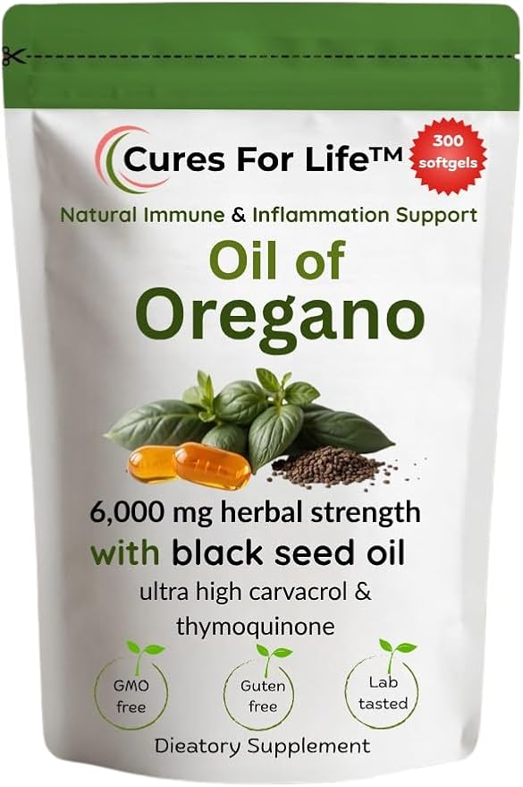 Oil of Oregano Softgels – 6000mg High Potency with 165mg Carvacrol &amp 200mg Black Seed Oil – 2-in-1 Immune Support &amp Digestive Health – 300 Softgels – Oregano Oil Capsules Supplement