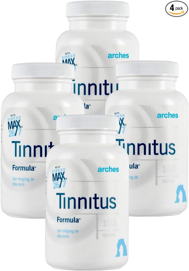 Arches Tinnitus Starter Kit - Now with Ginkgo Max 26/7 - Natural Tinnitus Treatment for Relief from Ringing Ears - 4 Bottles - 100 Day Supply