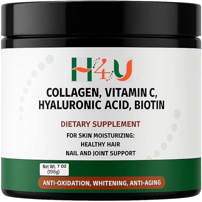 H4U Collagen Peptides Powder Plus with Vitamin C and Hyaluronic Acid &amp Biotin with Beauty Blend for Skin Hydration Healthy Hair Nails and Joint Support Unflavored Powder 7 Ounces 20 Servings