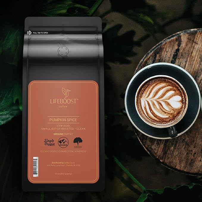Lifeboost Pumpkin Spice Coffee Whole Bean – Organic Low Acid Non-GMO - Cozy Fall Time Blend – Single Origin Medium Roast Mycotoxin-Free Flavored Coffee 12 oz