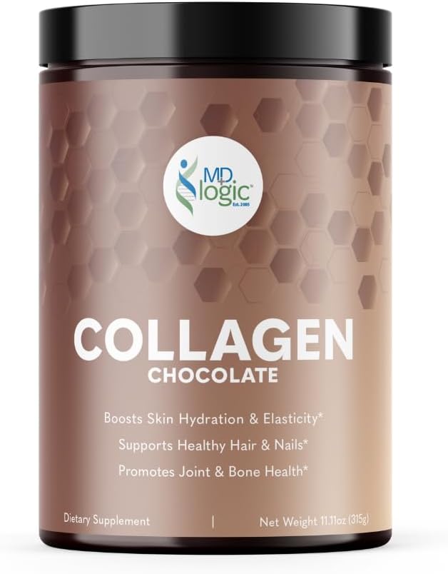 MD Logic Health® Chocolate Collagen with Vitamin A C Zinc Biotin &amp Hyaluronic Acid for Healthy Skin Hair Nails Joints 10g of Collagen + 10g of Protein Zero Sugar