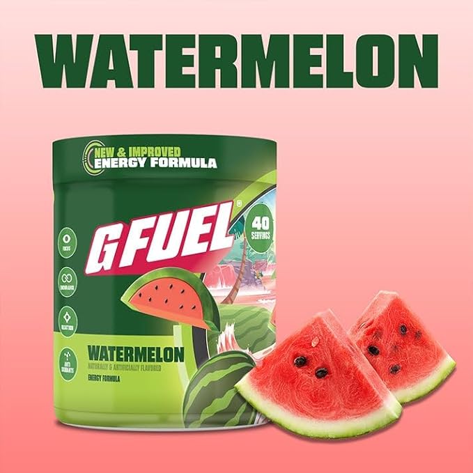 G Fuel Watermelon Energy Drink Powder Pre Workout Caffeine Mix for Gaming Sugar Free Focus Amino Vitamin + Antioxidants 9.9oz (Watermelon 40 Servings)