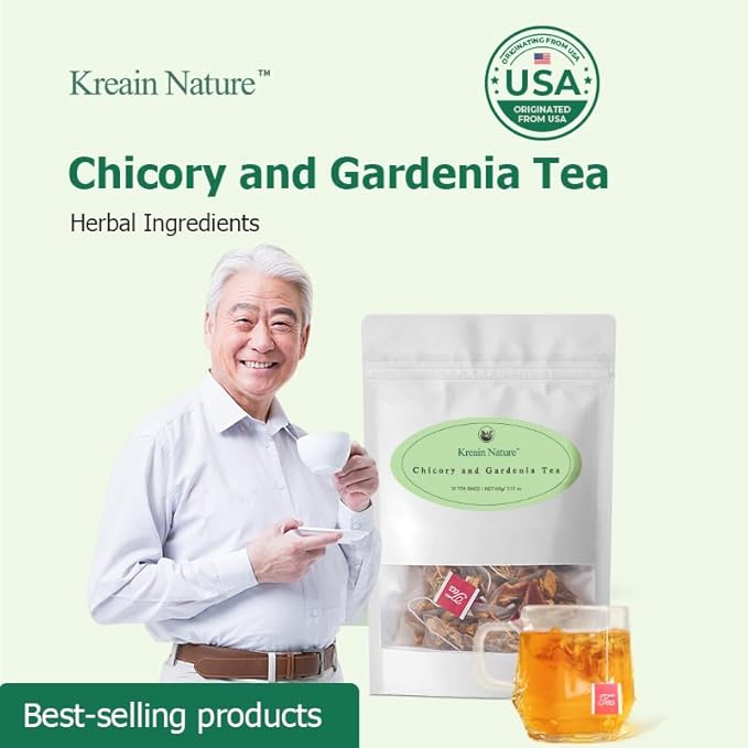 Chicory and Gardenia Tea Kreain Nature Chicory Tea Bags Support Healthy Blood Sugar Digestion Weight &amp Sleep Natural Sugar-Free Blend Vegan &amp Caffeine-Free 12 Bags (4 Pack)
