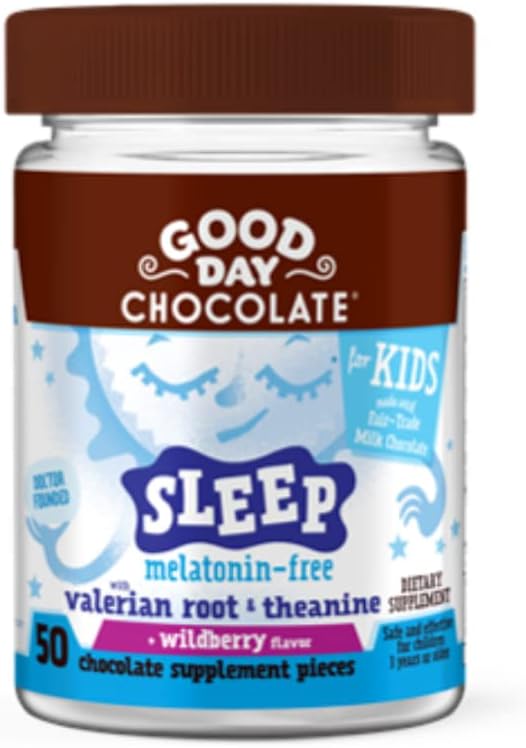 Good Day Chocolate Natural Valerian Root for Kids Herbal Sleep Supplement Organic Wildberry Flavor Fair Trade and Non-GMO Chocolate L-Theanine 50 Pieces