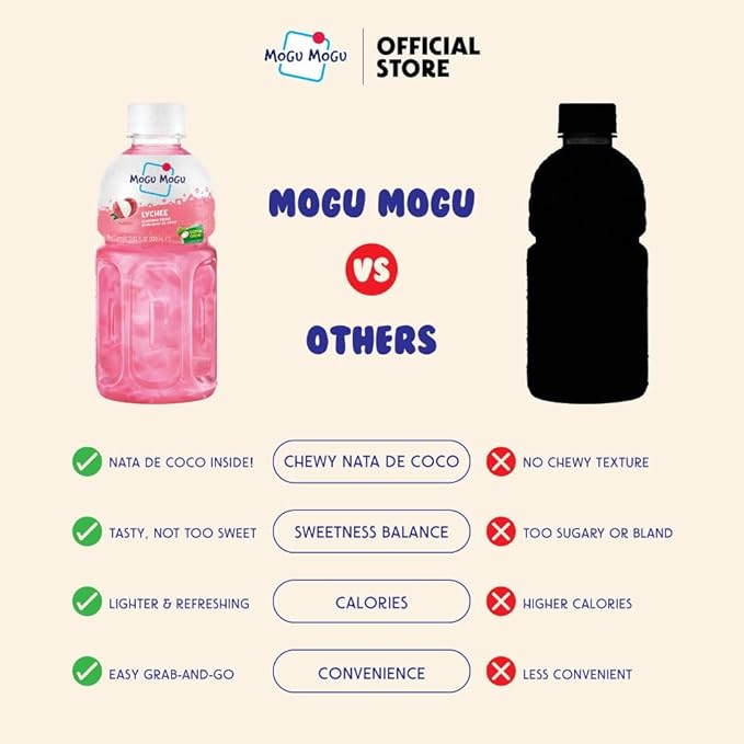 Mogu Mogu Lychee Juice with Nata de Coco (Coconut Jelly) – Fun &amp Chewy Juice Drink 24-Bottle Carton Pack 10.82 fl oz Each