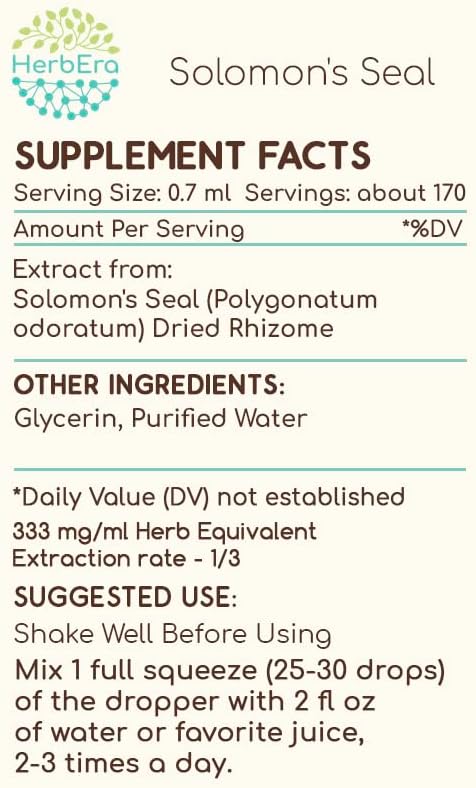 HerbEra Solomon's Seal B120 Alcohol-Free Herbal Extract Tincture Concentrated Liquid Drops Natural Solomon's Seal (Polygonatum odoratum) 4 fl oz