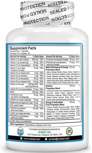 Multivitamin for Men with 38 Key Nutrients B Complex D3 A C Zinc Magnesium Calcium Asian Ginseng Ashwagandha Turmeric for Bones Muscle Immunity | 60 Vegan Capsules | 1 Month Supply
