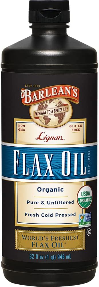 Barlean's Organic Lignan Omega 3 Flaxseed Oil Liquid Supplement for Men and Women Cold Press Flax Seeds 7230mg ALA Fatty Acid Vegan and Gluten Free 32 oz