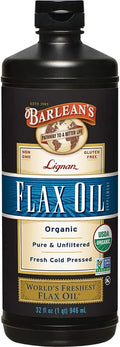 Barlean's Organic Lignan Omega 3 Flaxseed Oil Liquid Supplement for Men and Women Cold Press Flax Seeds 7230mg ALA Fatty Acid Vegan and Gluten Free 32 oz