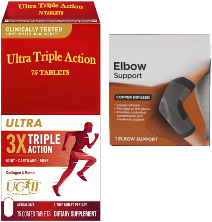 Ultra Triple Action Joint Support Supplement 75 Tablets + Bonus Copper-Infused Elbow Sleeve – Advanced Formula with Type 2 Collagen Hyaluronic Acid &ampBoron for Mobility Flexibility Comfort