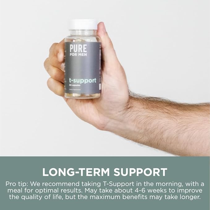 Pure for Men T-Support Supplement | Vegetarian Total Support for Men with Maca Vitamin D &amp Ashwagandha Muscle Health | Endurance Strength Focus &amp Energy Support | 60 Capsules